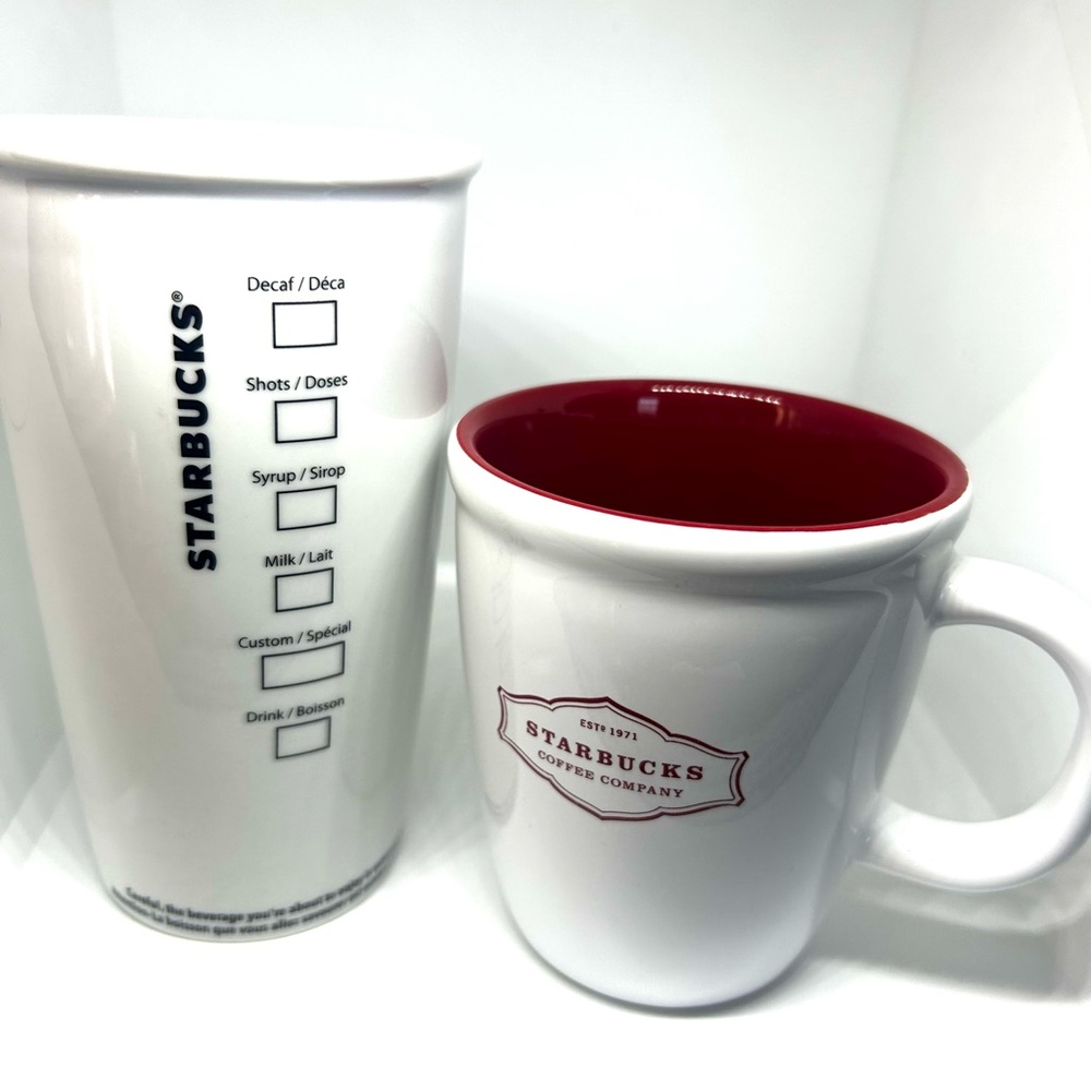 2 STARBUCKS 2006 Red & White Coffee Mug + Ceramic Travel Mug